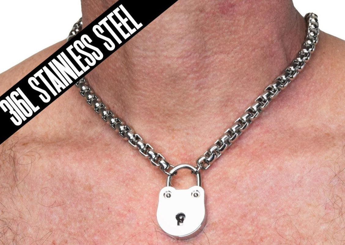 316L Surgical Stainless Steel BDSM Locking Day Collar Submissive Extra Heavy Square Link s1