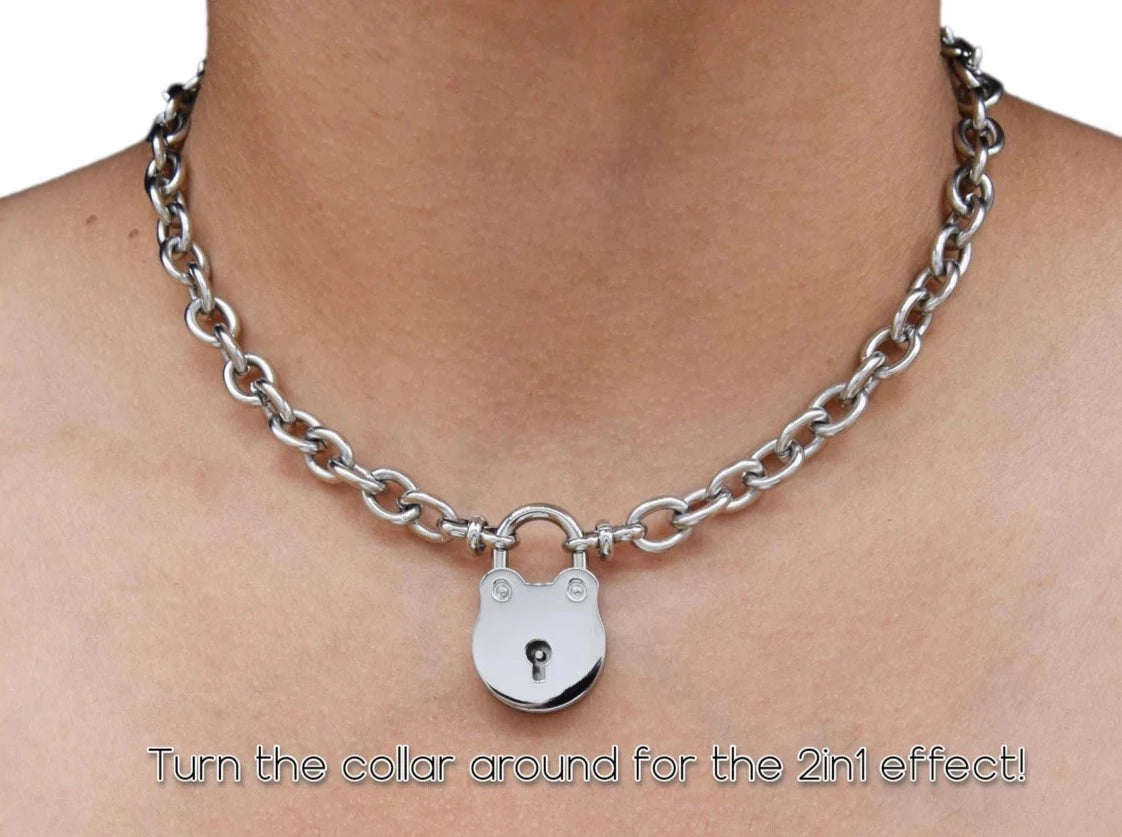 NEW! 2 IN 1 REVERSIBLE BDSM Locking Submissive Discreet Locking Infinity O ring Day Collar 316L Stainless Steel w/ fancy ends s2