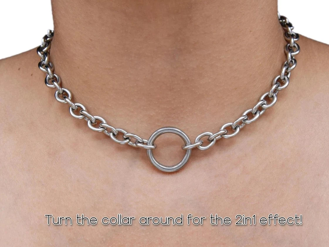 NEW! 2 IN 1 REVERSIBLE BDSM Locking Submissive Discreet Locking Infinity O ring Day Collar 316L Stainless Steel w/ fancy ends s2