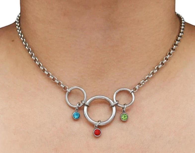 24/7 Couples Love Locking BDSM Triple O Ring w/birthstones Submissive Day Collar 316L Stainless Steel s5