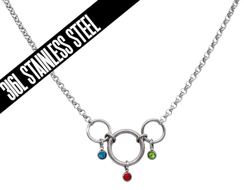 24/7 Couples Love Locking BDSM Triple O Ring w/birthstones Submissive Day Collar 316L Stainless Steel s5