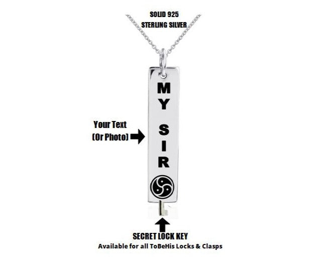 BDSM Dominant Gift - Custom Engraving Heavy Bar Tag Necklace Solid 925 Sterling Silver w/Secret Key option