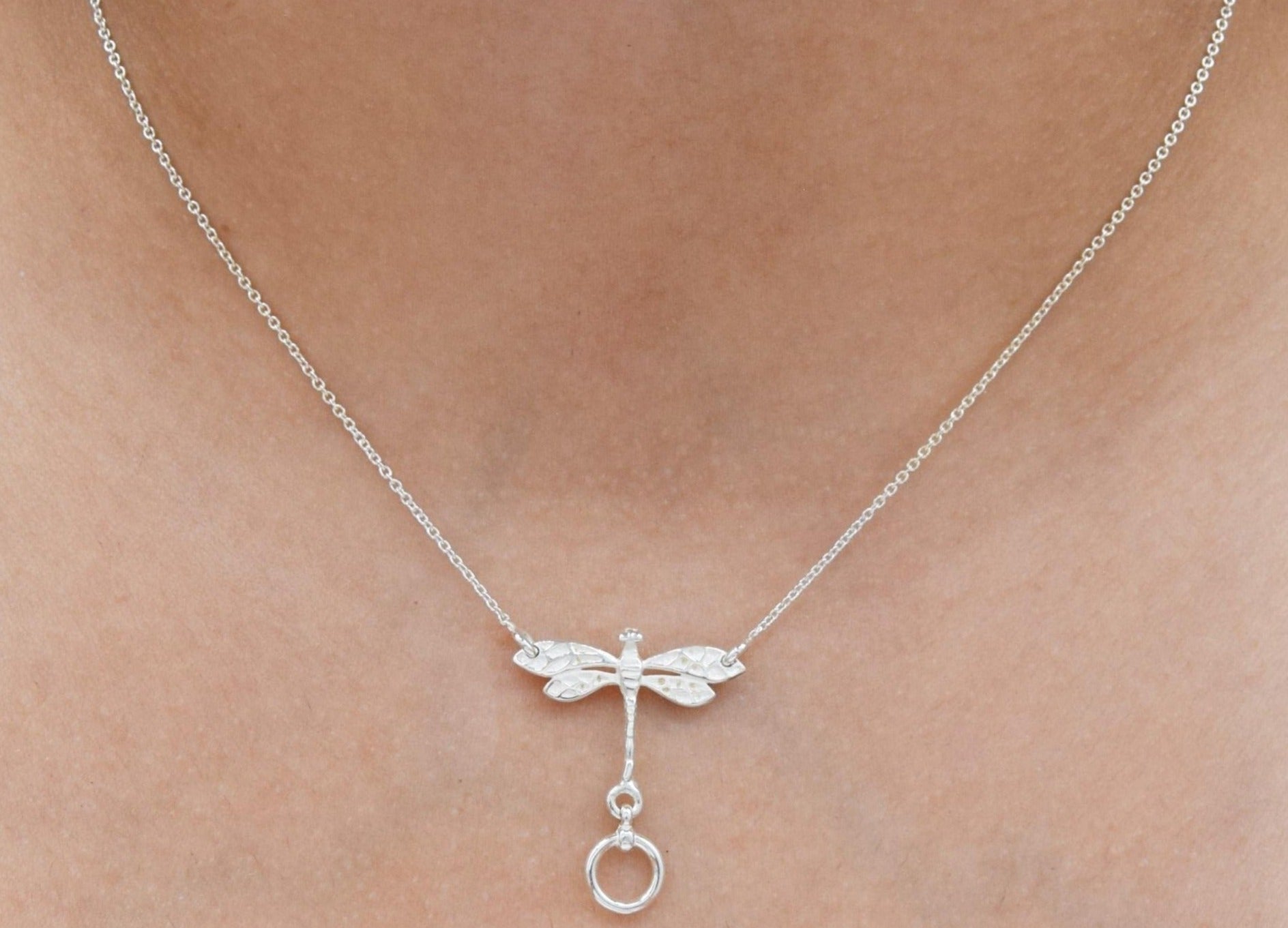 BDSM Locking Day Collar Jewelry Necklace of Lock for Minimalist and O ring Dragonfly available in solid 316L Stainless Steel or 925 sterling silver with new fancy ends shown on a model's neck