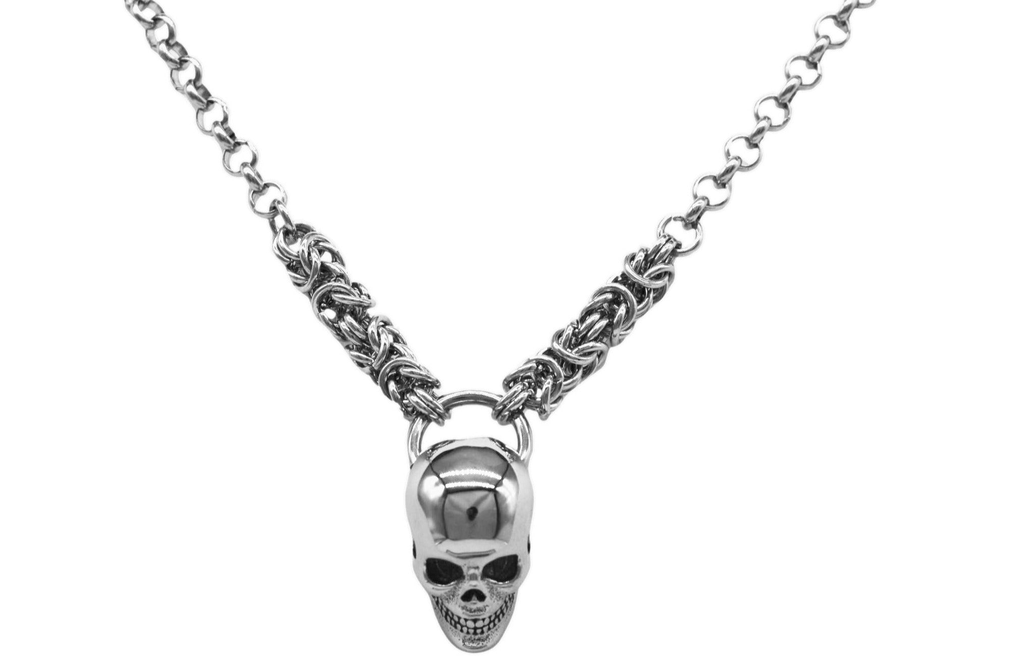 BDSM Locking Day Collar Jewelry Necklace of Lock and O ring available in solid 316L Stainless Steel or 925 sterling silver shown on a white background