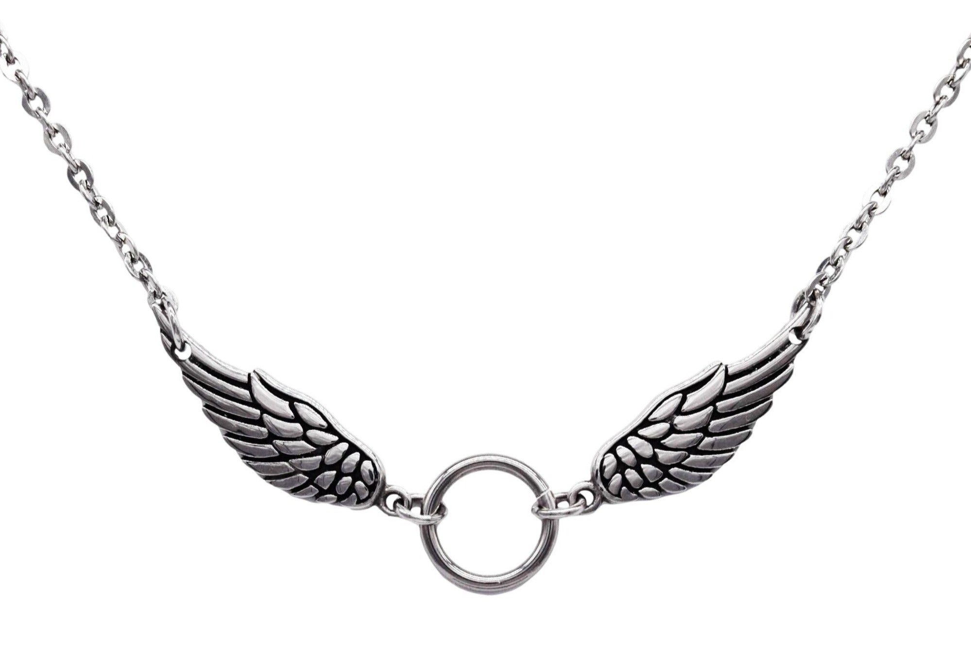 BDSM Locking Day Collar Jewelry Necklace of Lock and O ring available in solid 316L Stainless Steel or 925 sterling silver shown on a white background