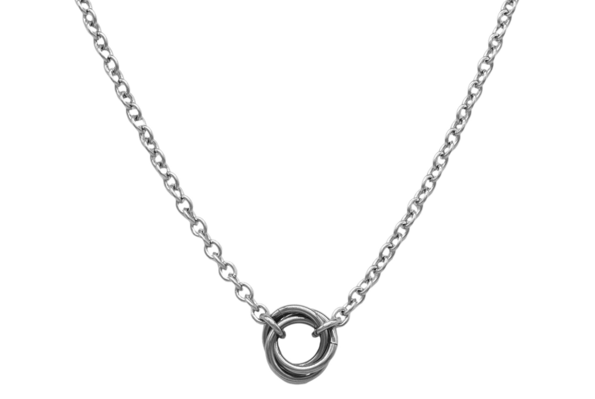 BDSM Locking Day Collar Celtic Trinity Chainmaille Jewelry Necklace of Lock and O ring available in solid 316L Stainless Steel or 925 sterling silver shown on a white background