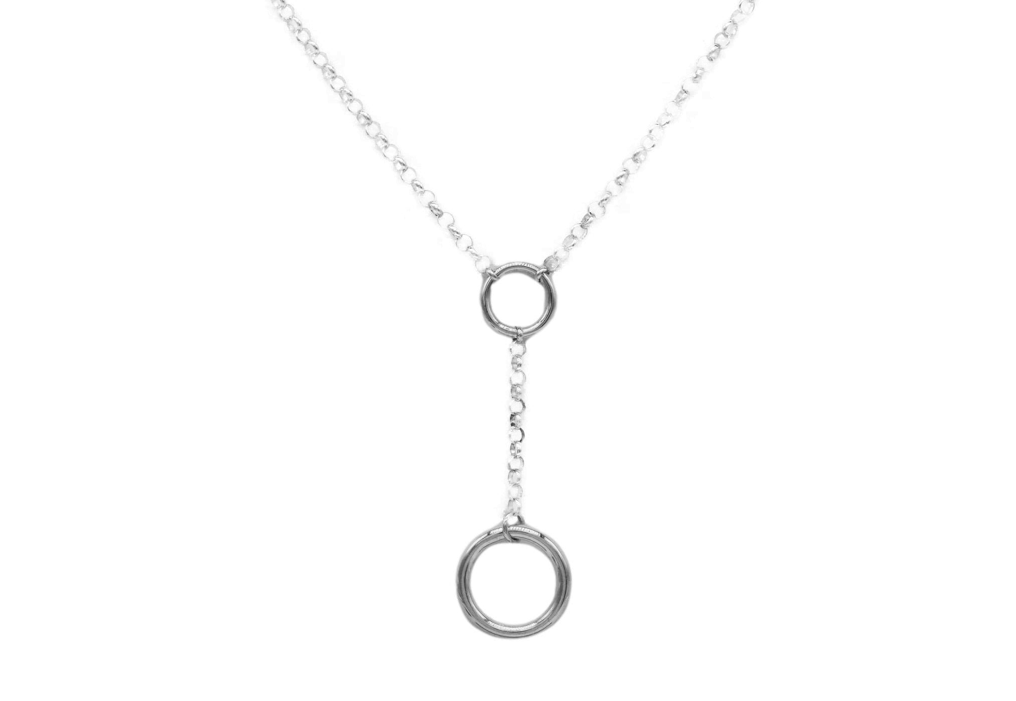 BDSM Locking Day Collar Jewelry Necklace of Lock and O ring available in solid 316L Stainless Steel or 925 sterling silver shown on a white background