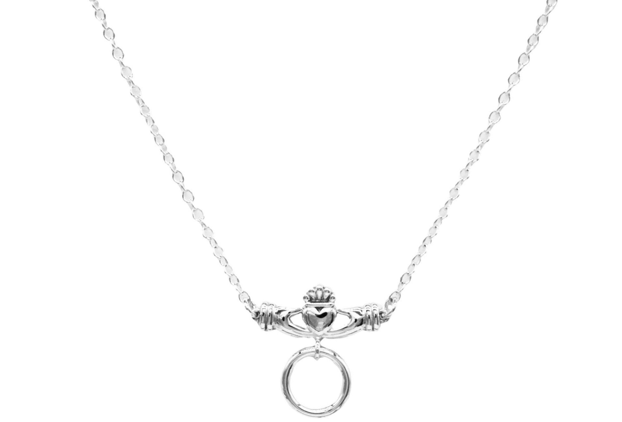 BDSM Locking Day Collar Jewelry Necklace of Lock and O ring Celtic Claddagh available in solid 316L Stainless Steel or 925 sterling silver shown on a white background