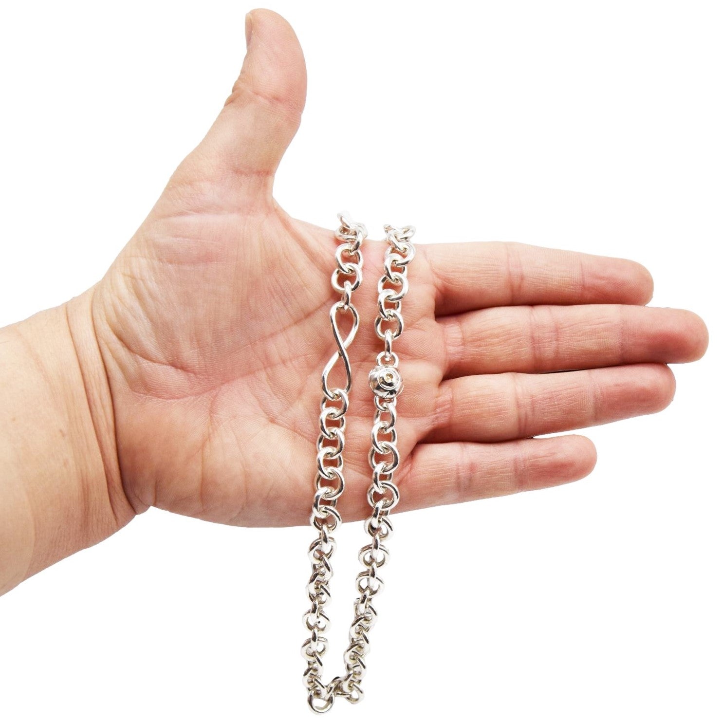 BDSM Locking Day Collar Jewelry Necklace of Lock and O ring with large sterling bell available in solid 316L Stainless Steel or 925 sterling silver shown on a model's hand