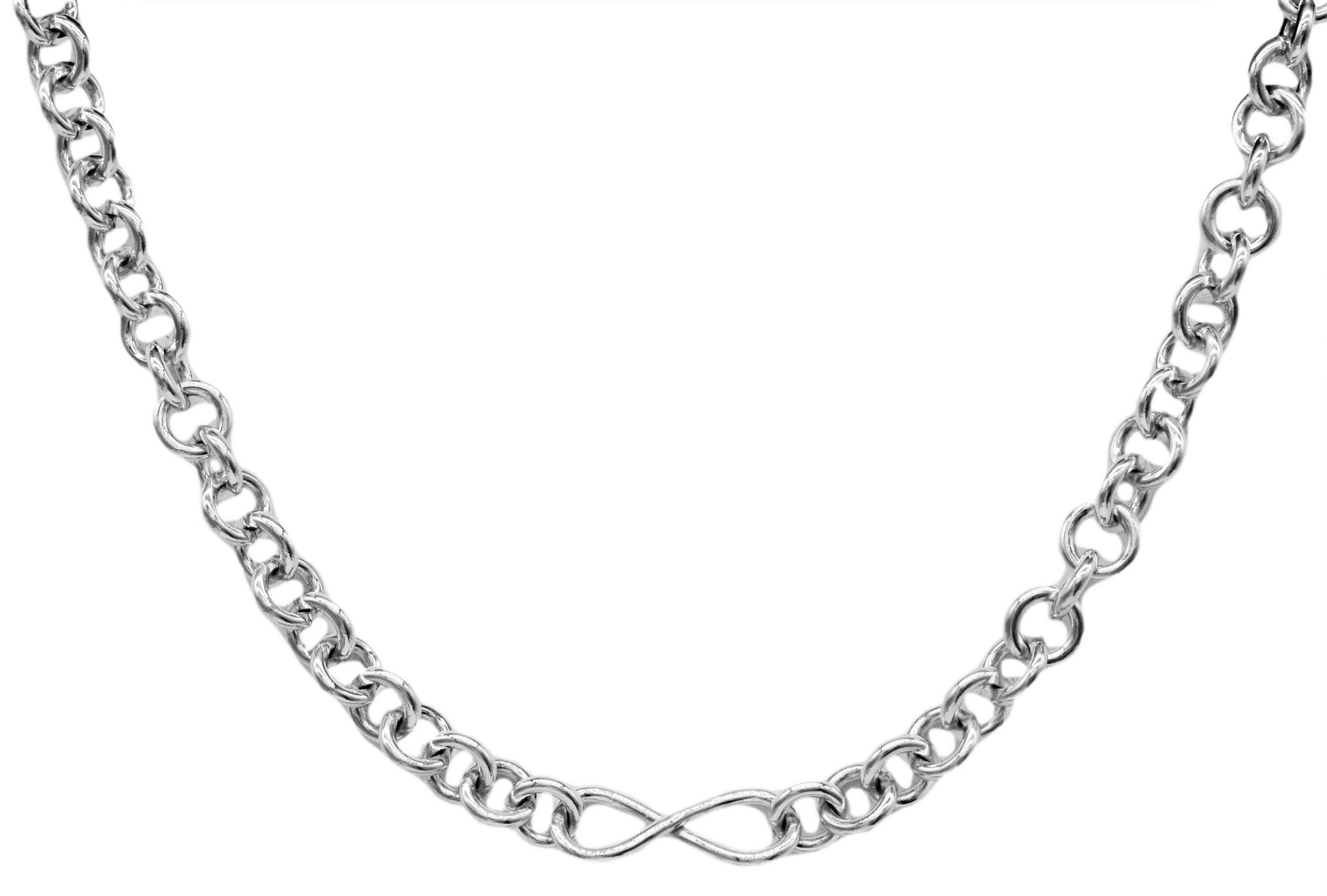 BDSM Locking Day Collar Jewelry Necklace of Lock and O ring with large sterling bell available in solid 316L Stainless Steel or 925 sterling silver shown on a snow white background