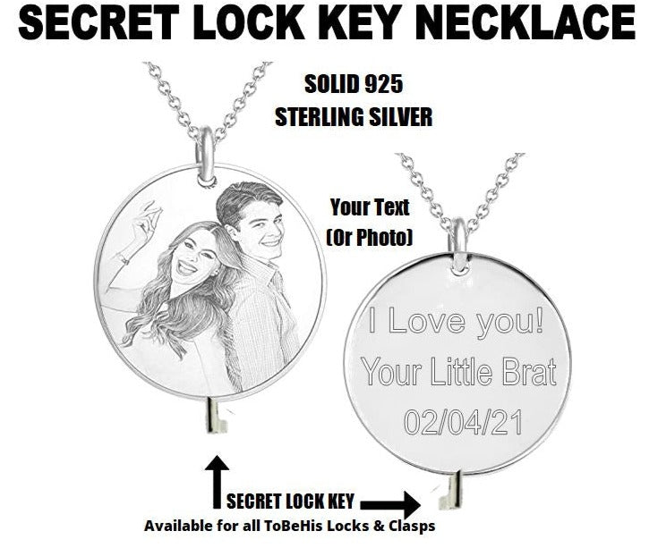 BDSM Dominant Gift - Custom Engraving Round Tag Necklace Solid 925 Sterling Silver w/Secret Key option