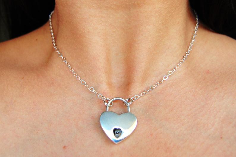 Solid 925 Sterling Silver Dainty Micro Heart BDSM Minimalist Locking Submissive Day Collar g2
