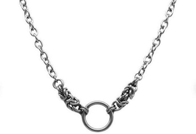 BDSM Locking Day Collar Jewelry Necklace of Lock and O ring in solid 316L Stainless Steel on a white background
