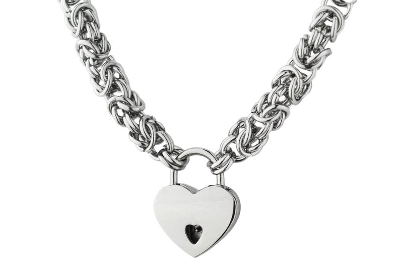 BDMS Day Collar Necklace Chainmail with Heart Shaped Lock made of 316L Surgical stainless steel . Beautiful Piece shown on a white back ground.