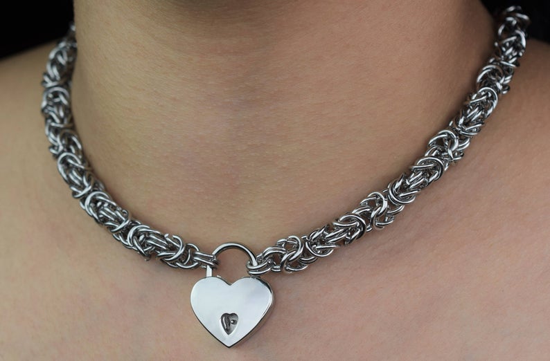 BDMS Day Collar Necklace Chainmail with Heart Shaped Lock made of 316L Surgical stainless steel . Beautiful Piece shown on a model's neck