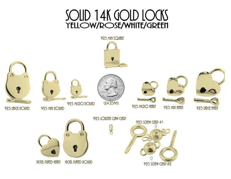 BDSM Lock padlock listing of 6 to 13 different locks and our New Screw Lock that doesn't use an Allen or hex available in 316L Stainless steel or solid 925 Sterling Silver or Solid 14K Gold
