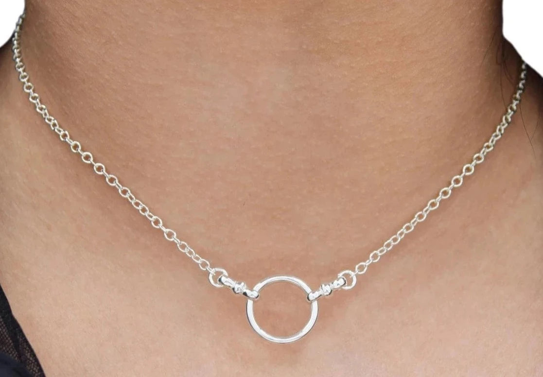 BDSM Locking Day Collar Jewelry Necklace of Lock and O ring available in solid 316L Stainless Steel or 925 sterling silver with new fancy ends shown on a model's neck