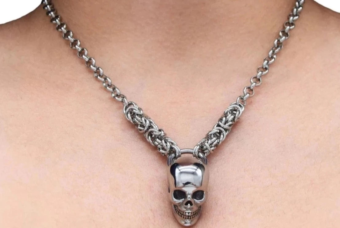 BDSM Locking Day Collar Jewelry Necklace of Lock and O ring available in solid 316L Stainless Steel or 925 sterling silver shown on a model's neck