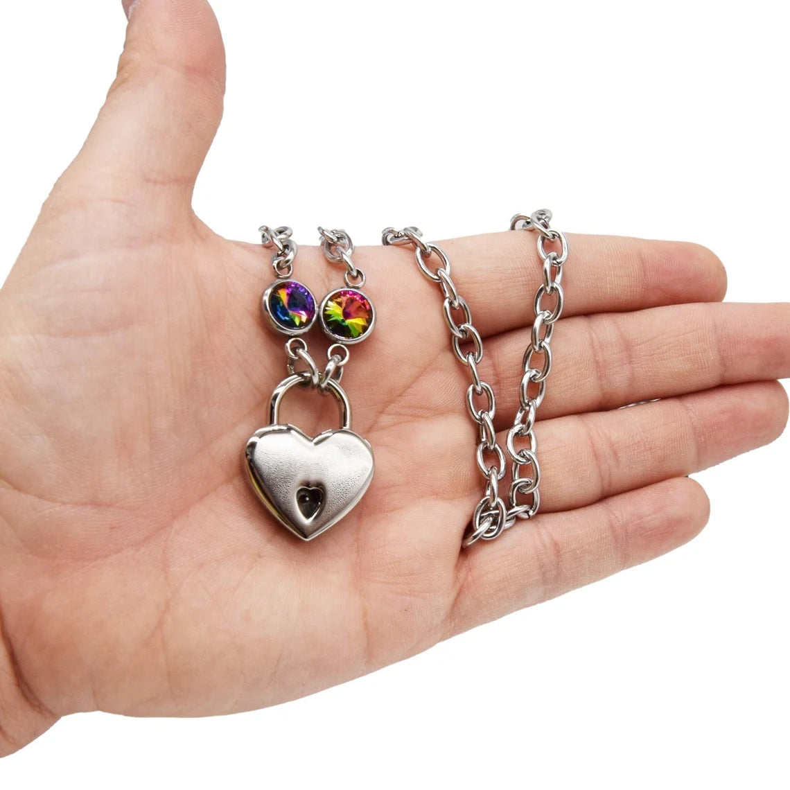 BDSM Locking Day Collar Jewelry Necklace of Lock and O ring with a rainbow cz crystal available in solid 316L Stainless Steel or 925 sterling silver shown on a model's hand