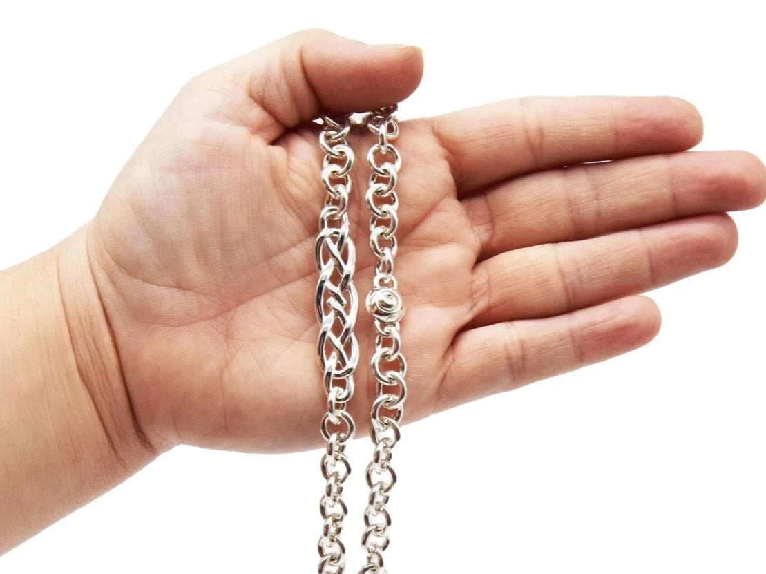 BDSM Submissive Locking Ankle Day Collar Celtic Knot Double Eternity Heavy Solid 925 Sterling Silver Anklet displayed on a model's hand