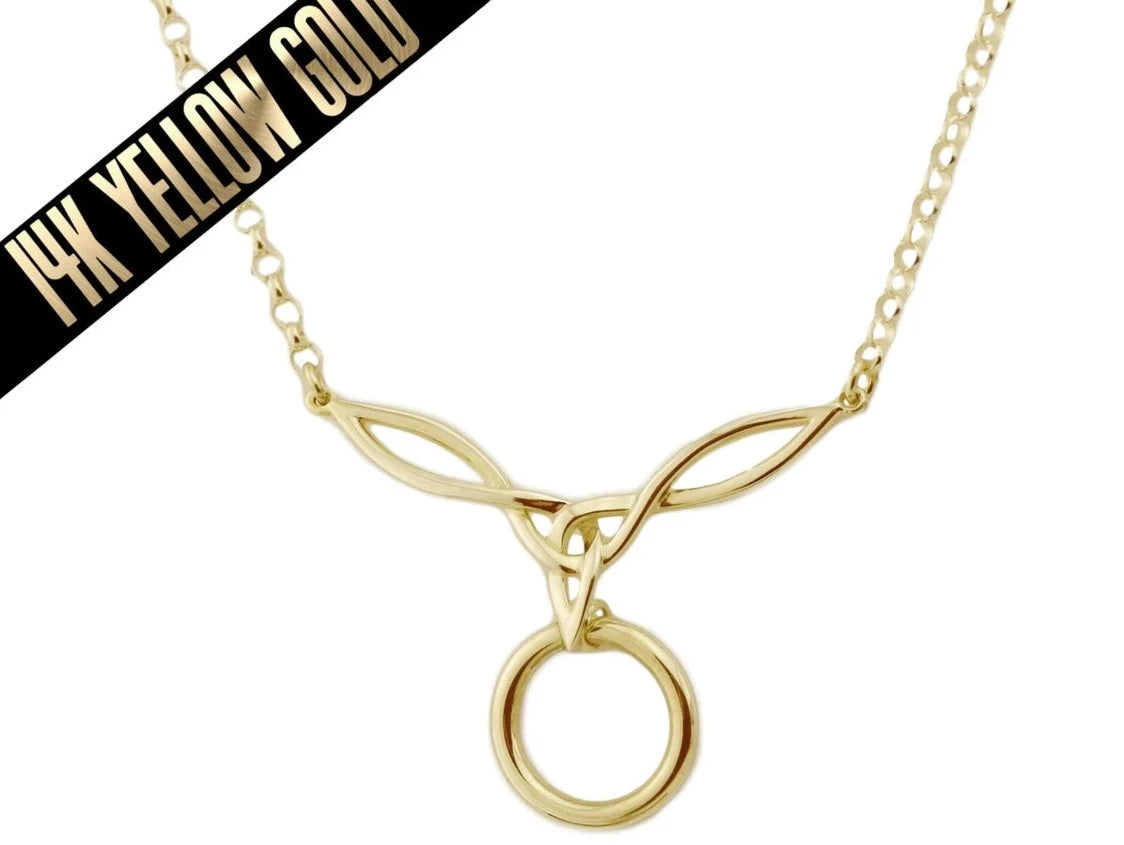 BDSM Locking Day Collar 14K Gold Jewelry Necklace Double Celtic Knot with locking options and O ring with large sterling bell available in solid 316L Stainless Steel or 925 sterling silver as well shown on white background