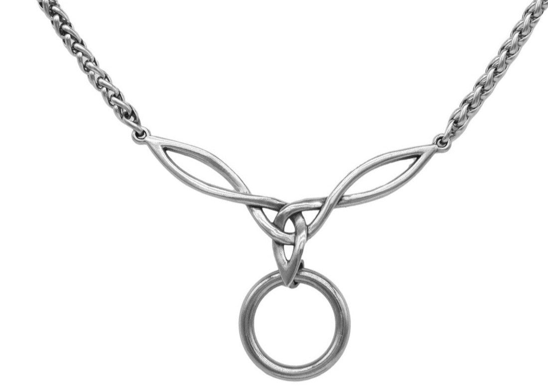 BDSM Locking Celtic Knot Day Collar Jewelry Necklace of Lock and O ring available in solid 316L Stainless Steel or 925 sterling silver shown on a white background