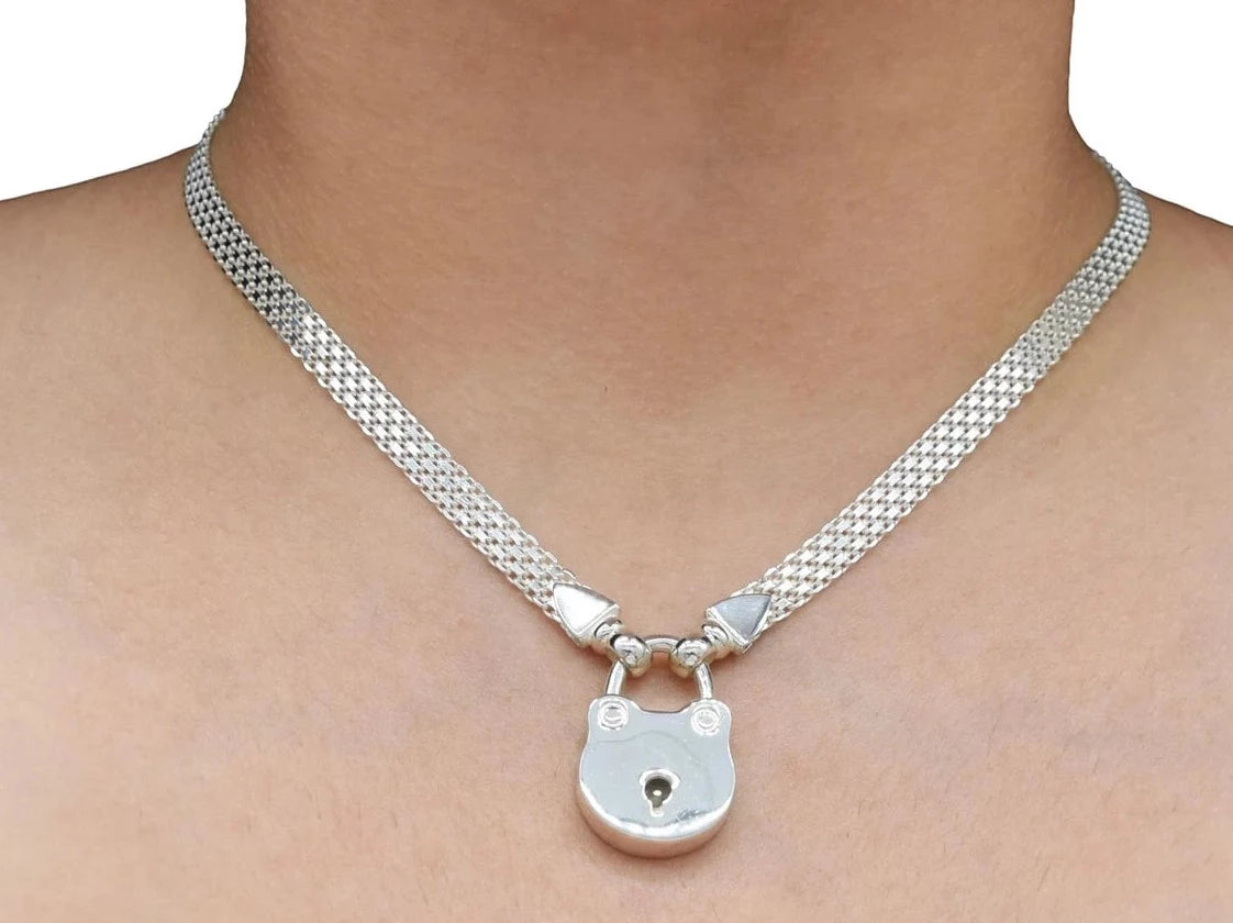 BDSM Locking Day Collar Submissive Solid 925 Sterling Silver Triscuit w/Fancy Ends g3