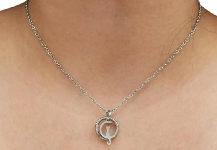 BDSM Locking Day Collar Jewelry Necklace of Lock and O ring with large sterling bell available in solid 316L Stainless Steel or 925 sterling silver shown on a model's neck