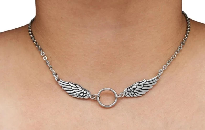 BDSM Locking Day Collar Jewelry Necklace of Lock and O ring available in solid 316L Stainless Steel or 925 sterling silver shown on a model's neck