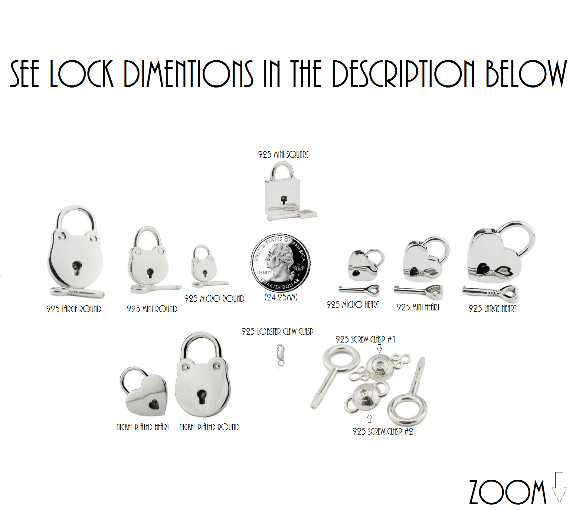 BDSM Lock listing of 6 to 13 different locks and our New Screw Lock that doesn't use an allen or hex available in 316L Stainless steel or solid 925 Sterling Silver