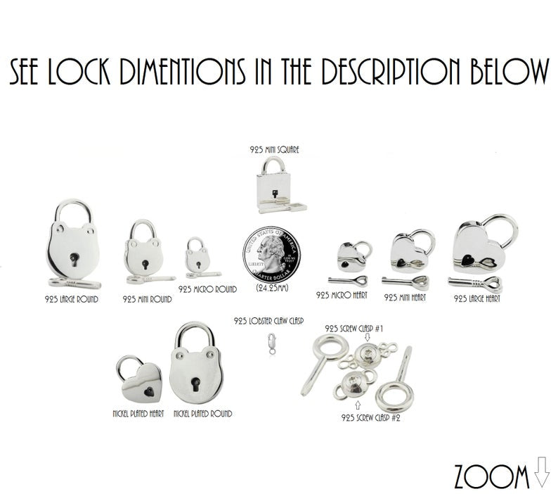 BDSM Lock listing of 6 to 13 different locks and our New Screw Lock that doesn't use an allen or hex available in 316L Stainless steel or solid 925 Sterling Silver
