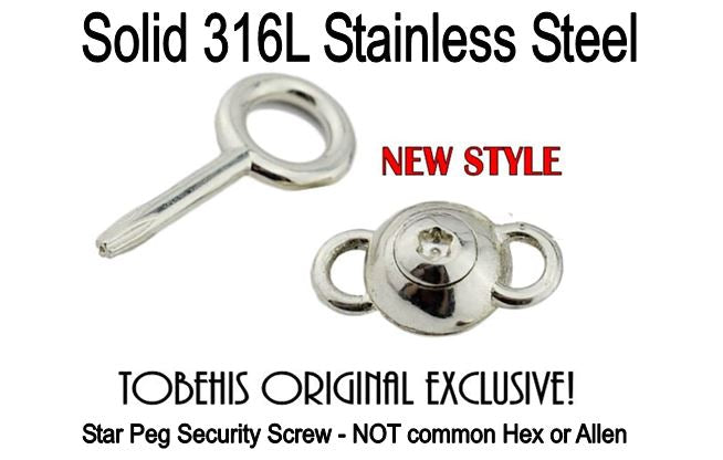 BDSM Locking Lock Clasp for Day Collar O ring Jewelry shown with the New 316L Stainless Steel Screw Lock available in Gold and Silver as well