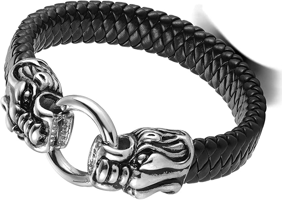 BDSM Dominant Gift: High Grade Leather Master King Lion Solid  316L Stainless Steel O ring Bracelet