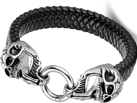 BDSM Dominant Gift: High Grade Leather Master Skulls Solid  316L Stainless Steel O ring Bracelet