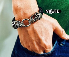BDSM Dominant Gift: High Grade Leather Master Skulls Solid  316L Stainless Steel O ring Bracelet