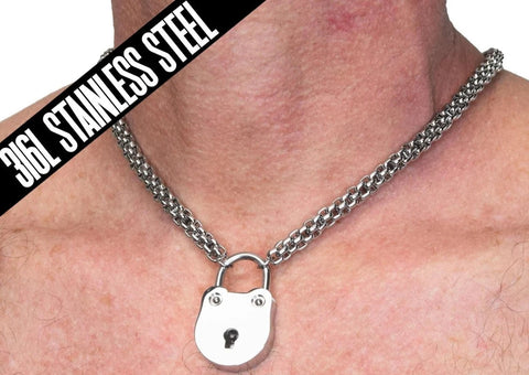 316L Surgical Stainless Steel BDSM Locking Day Collar Submissive Extra Heavy Round Weave Link   s1
