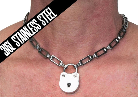 316L Surgical Stainless Steel BDSM Locking Day Collar Submissive Extra Heavy Flat Oval Link   s1