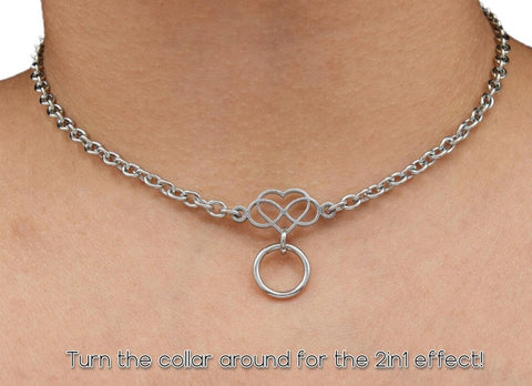 NEW! 2 IN 1 REVERSIBLE BDSM Locking Submissive Discreet Locking Poly Infinity Heart Day Collar 316L Stainless Steel s2