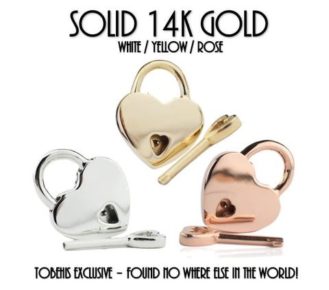 Solid 14K GOLD (Yellow, White or Rose) Functional Working Heart Shape Padlock Lock Locking & One Key BDSM Slave Sub Bondage Collar