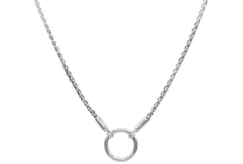 BDSM Locking Day Collar Jewelry Necklace of Lock and O ring available in solid 316L Stainless Steel or 925 sterling silver with new fancy ends shown on a white background
