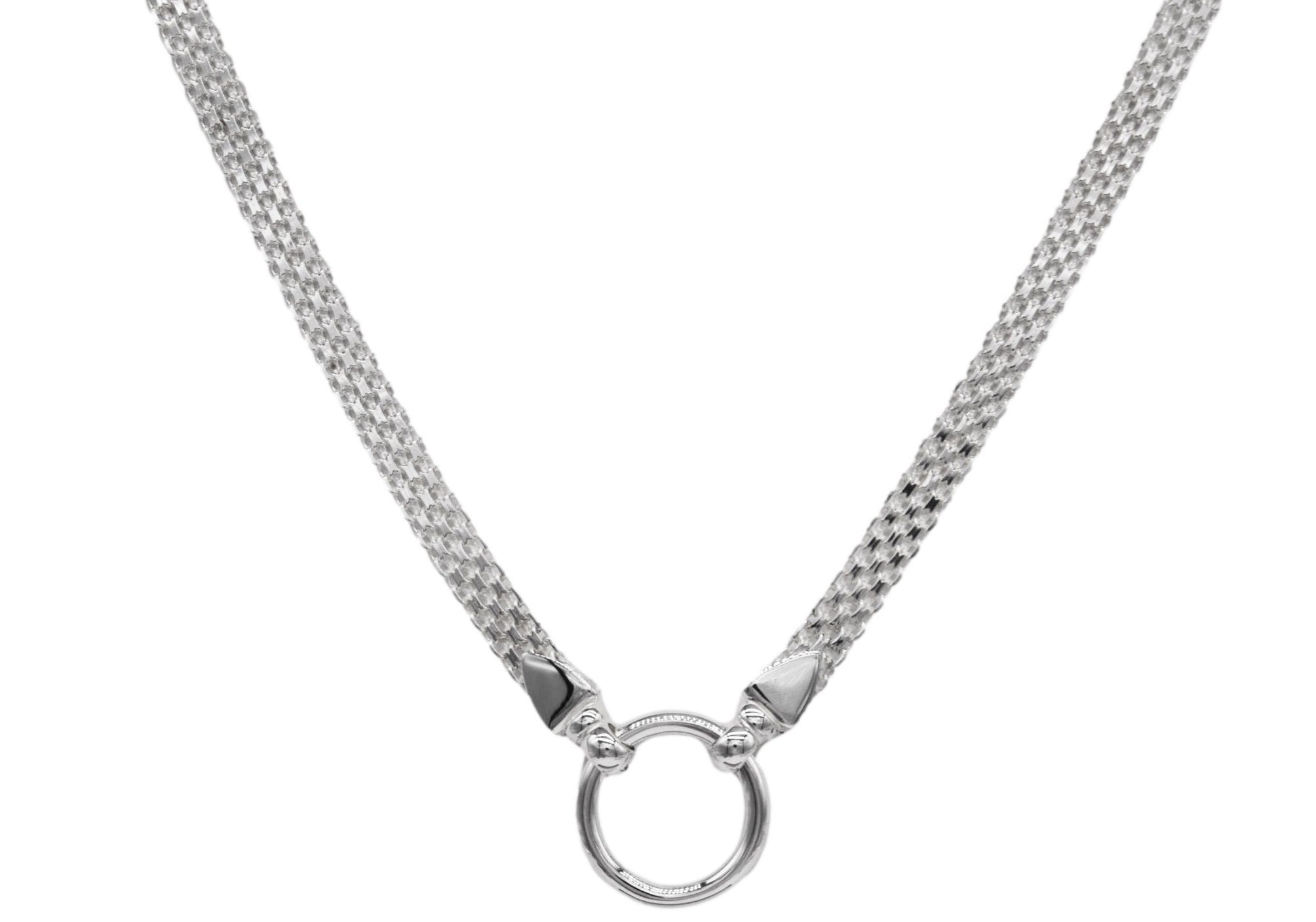 BDSM Locking Day Collar Jewelry Necklace of Lock and O ring with large sterling bell available in solid 316L Stainless Steel or 925 sterling silver shown on a white background