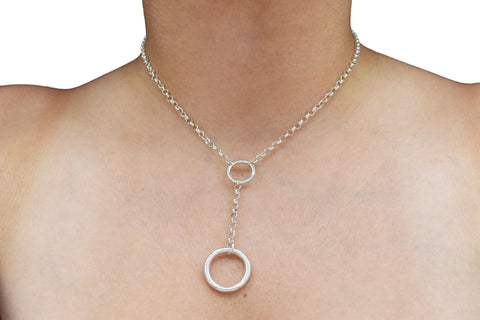 BDSM Locking Day Collar Jewelry Necklace of Lock and O ring available in solid 316L Stainless Steel  or 925 sterling silver  shown on a model's neck