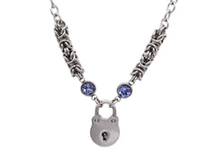 BDSM Locking Day Collar Jewelry Necklace of Lock and O ring available in solid 316L Stainless Steel or 925 sterling silver with chainmaille chain mail and light purple blue crystal cz  shown on a white background