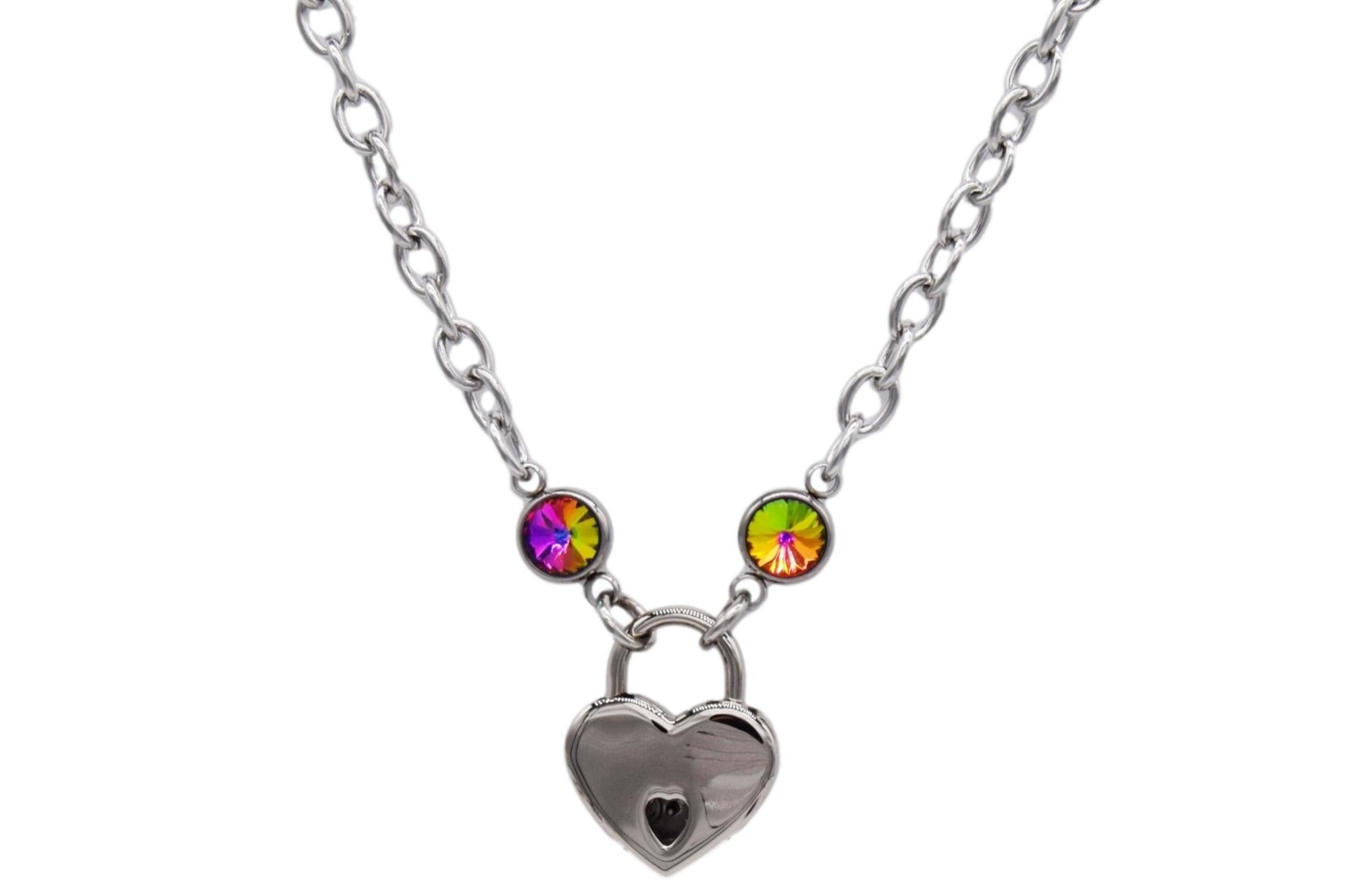 BDSM Locking Day Collar Jewelry Necklace of Lock and O ring with a rainbow cz crystal available in solid 316L Stainless Steel or 925 sterling silver shown on a white background