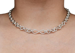 BDSM Locking Day Collar Jewelry Necklace of Lock and O ring with large sterling bell available in solid 316L Stainless Steel or 925 sterling silver shown on a model's neck