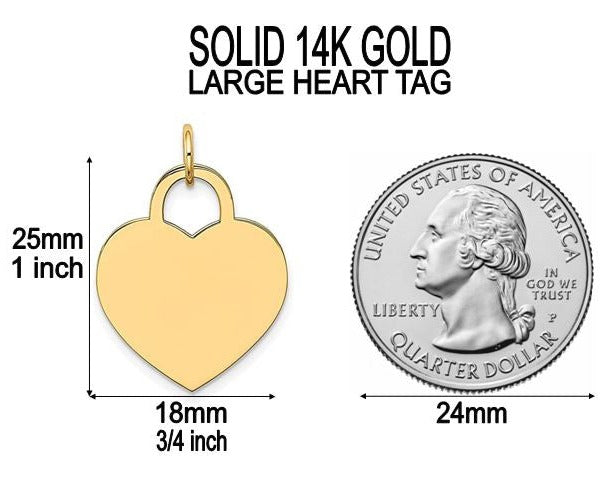 BDSM Dominant Gift:  Custom Engraved Solid 14K Gold Large Heart Tag Necklace (Yellow, Pink, White)