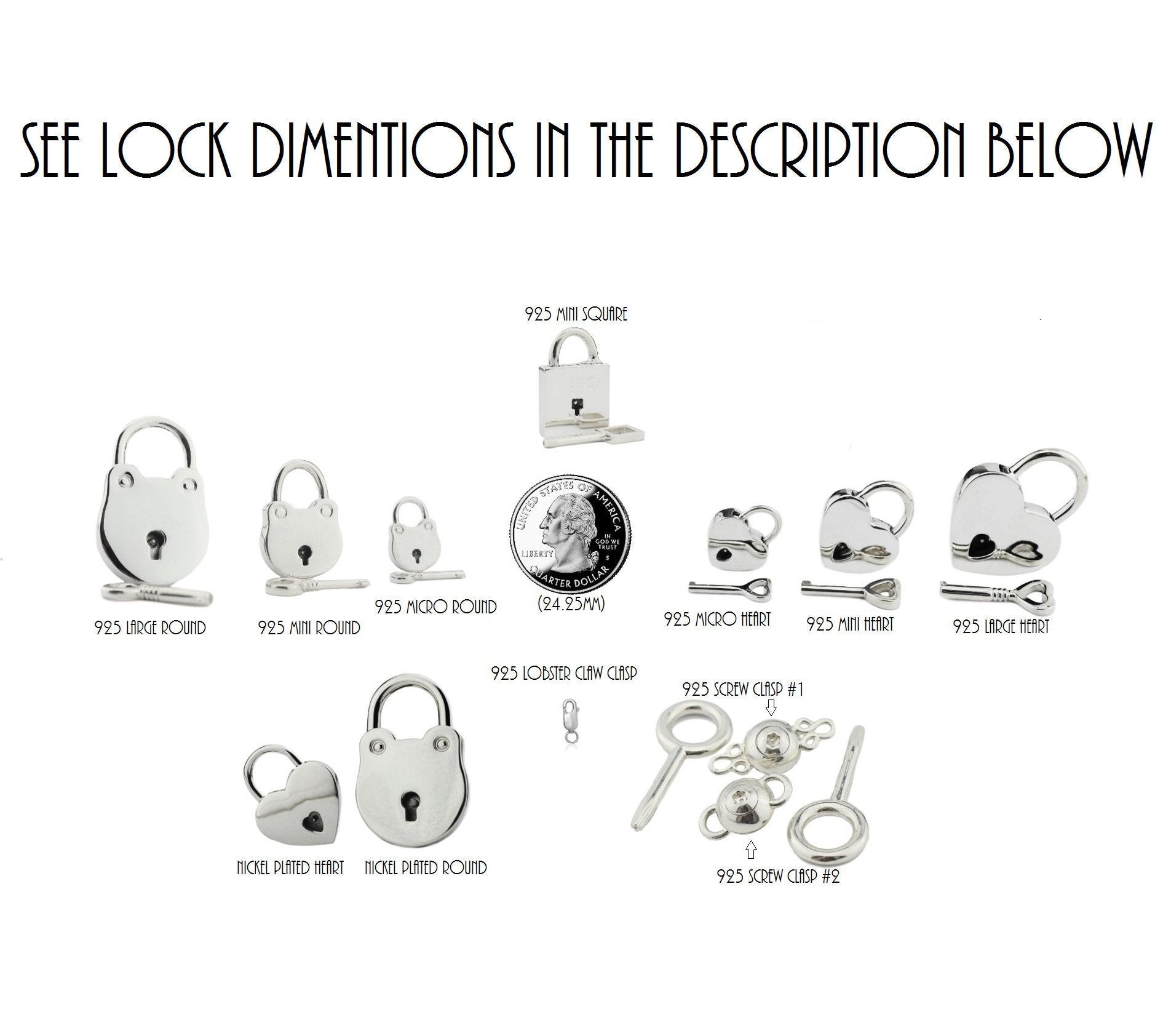 BDSM Lock listing of 6 to 13  different locks and our New Screw Lock that doesn't use an Alan or hex available in 316L Stainless steel or solid 925 Sterling Silver