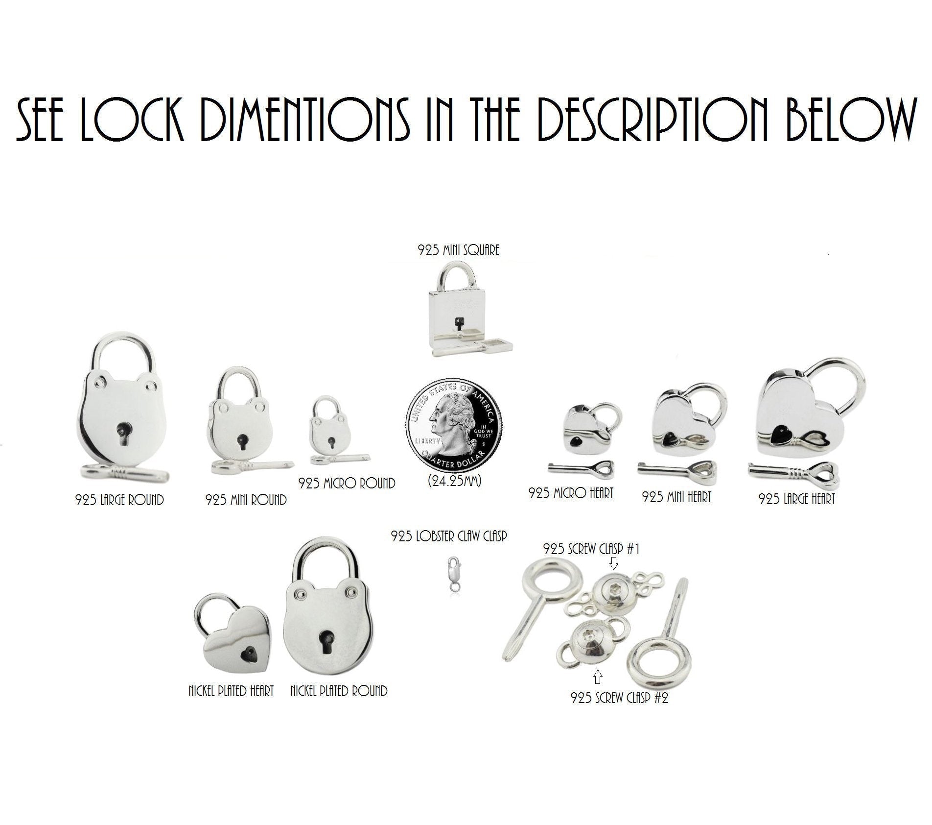 BDSM Lock listing of 6 to 13  different locks and our New Screw Lock that doesn't use an allen or hex available in 316L Stainless steel or solid 925 Sterling Silver