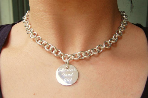 Solid 925 Sterling Silver Heavy Cable & Dog Tag BDSM Day Collar   g1