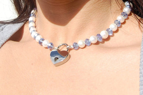Genuine White Pearls & Lt. Blue AB Swarovski Crystal Single Row & Sterling Silver Ends Day Collar   g5